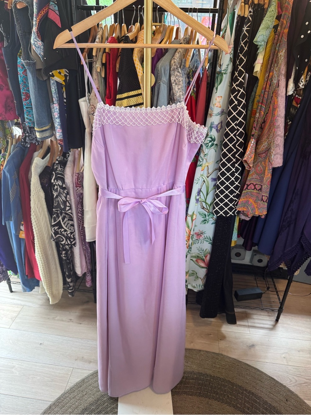 vintage lavender maxi dress white lace trim straight neckline spaghetti straps - Picture 4 of 13